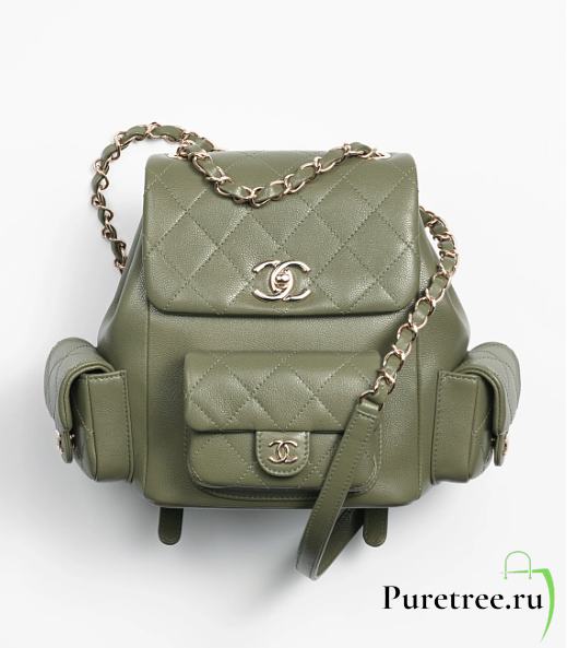 CHANEL | Backpack Grained Calfskin & Gold Metal Khaki - 1