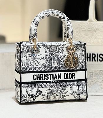 DIOR | Medium Lady D-lite Bag White And Navy Blue Toile De Jouy Soleil Embroidery