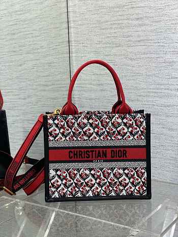 DIOR | Dioramour Small Dior Book Tote White, Black and Red Dior Lily of the Valley Embroidery with Black Calfskin