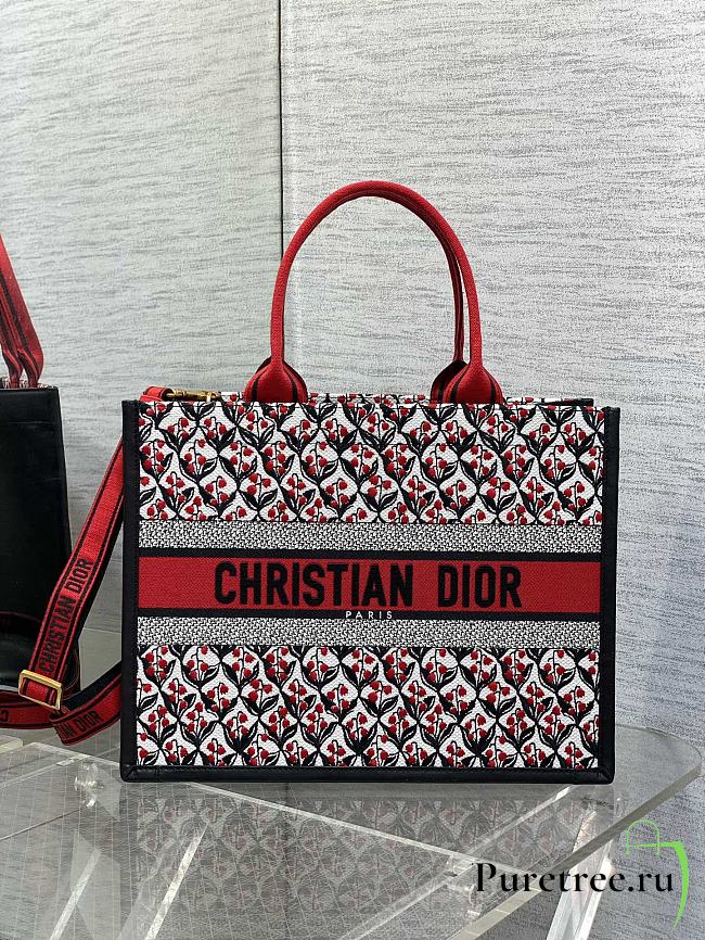 DIOR | Dioramour Medium Dior Book Tote White, Black and Red Dior Lily of the Valley Embroidery with Black Calfskin - 1