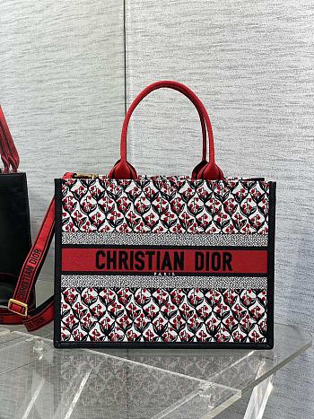 DIOR | Dioramour Medium Dior Book Tote White, Black and Red Dior Lily of the Valley Embroidery with Black Calfskin