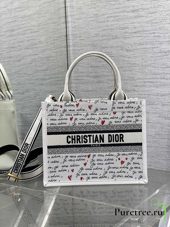 DIOR | Dioramour Small Dior Book Tote White Embroidery with Black and Red Je Vous Adore Motif and White Calfskin - 1