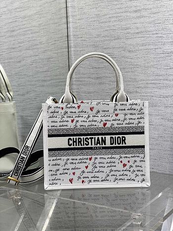 DIOR | Dioramour Small Dior Book Tote White Embroidery with Black and Red Je Vous Adore Motif and White Calfskin