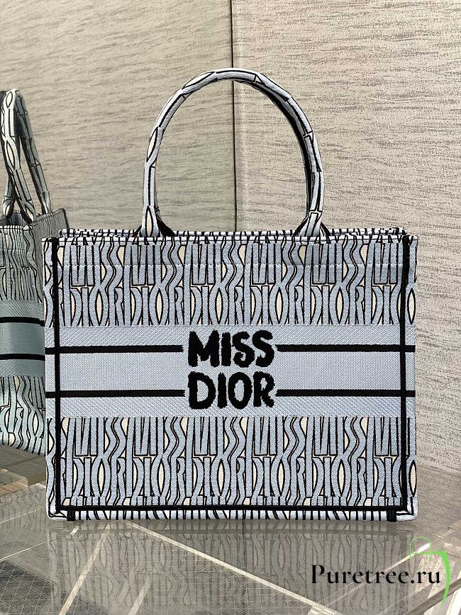 DIOR | Medium Dior Book Tote Pale Blue and Black Miss Dior Allover Embroidery - 1