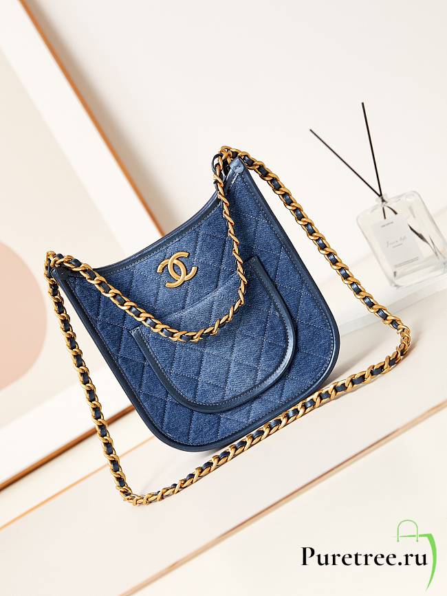 CHANEL | Mirror Hobo Denim Bag Genuine Leather Quilted Crossbody  - 1