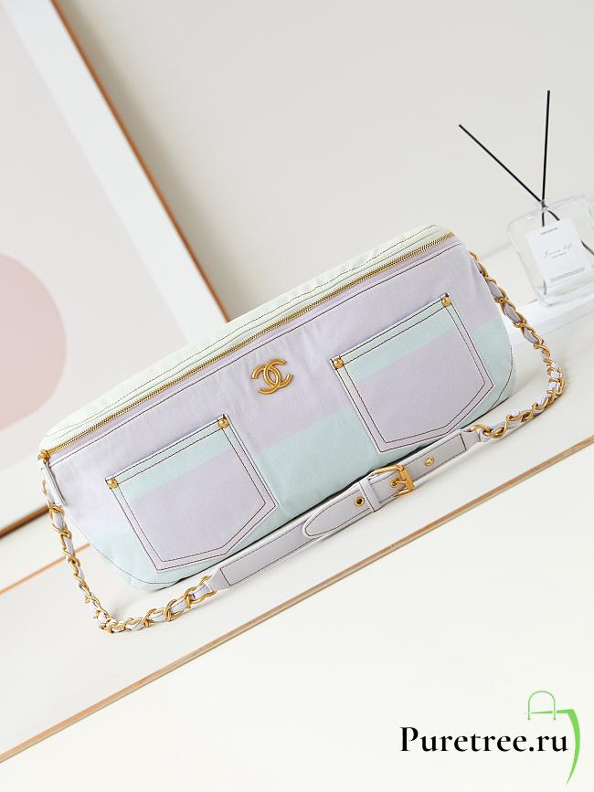 CHANEL | Large Waist Bag Printed Denim & Gold-Tone Metal Light Pink, Light Yellow & Light Blue - 1