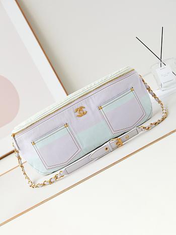 CHANEL | Large Waist Bag Printed Denim & Gold-Tone Metal Light Pink, Light Yellow & Light Blue