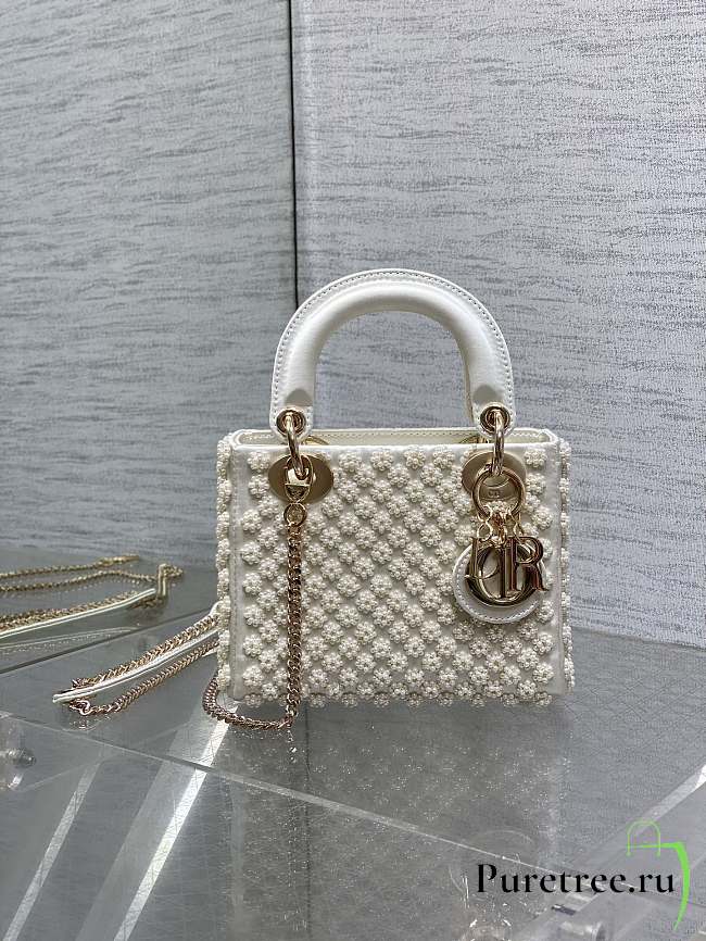 DIOR | Mini Lady Dior Bag White Satin Embroidered with Resin Pearls - 1