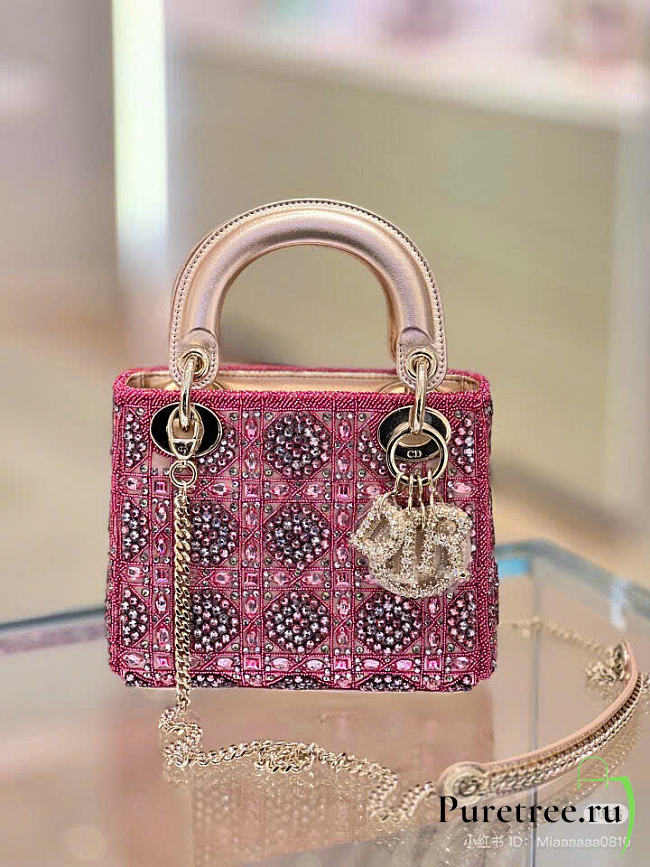 DIOR | MINI LADY BAG Metallic Calfskin and Satin with Rose Des Vents Resin Pearl 17 cm - 1