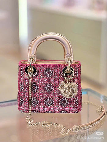 DIOR | MINI LADY BAG Metallic Calfskin and Satin with Rose Des Vents Resin Pearl 17 cm