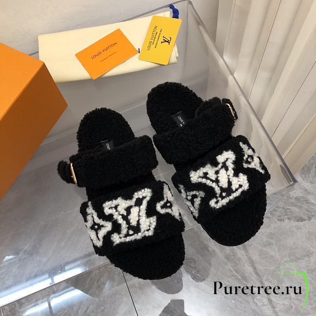 LOUIS VUITTON | Fur Flat Sandals In Black White Pattern - 1