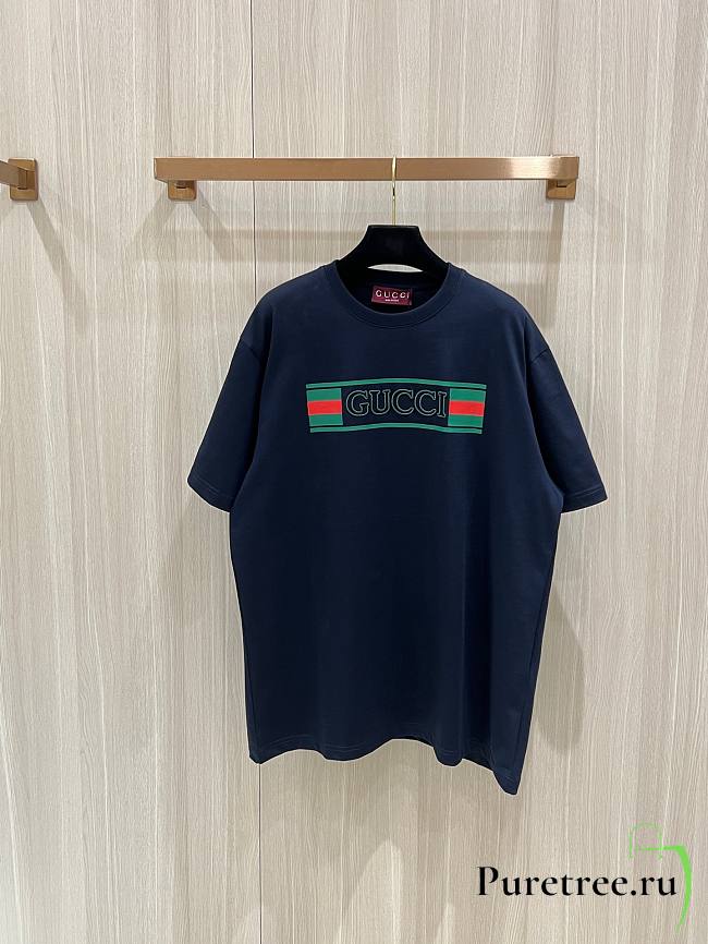 GUCCI | Ribbon flag print short sleeves t-shirt dark blue - 1