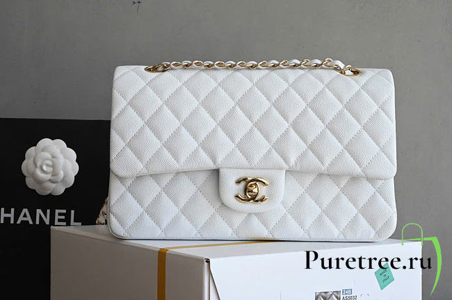 Chanel Grained Calfskin Flap Bag Gold Hardware White 25cm - 1