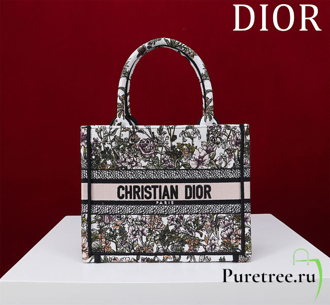 DIOR | Small Dior Book Tote White Multicolor D-Floral Embroidery - 1