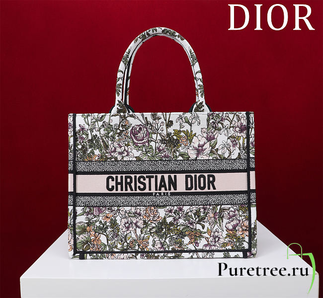 DIOR | Medium Dior Book Tote White Multicolor D-Floral Embroidery - 1