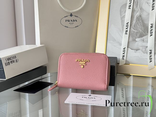 Prada Saffiano Leather Giada Turquoise Small Zip Cardholder Wallet Pink - 1