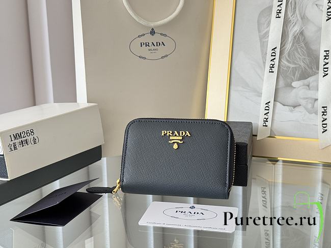 Prada Saffiano Leather Giada Turquoise Small Zip Cardholder Wallet Dark Blue - 1