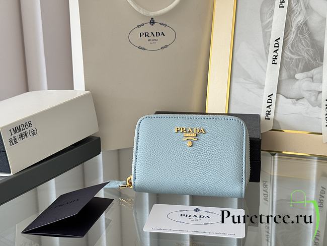 Prada Saffiano Leather Giada Turquoise Small Zip Cardholder Wallet Blue - 1