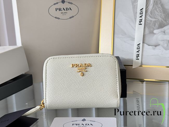 Prada Saffiano Leather Giada Turquoise Small Zip Cardholder Wallet White - 1
