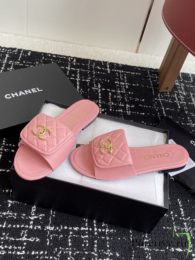 CHANEL | Pink CC logo Turnlock Mules Slides Sandals - 1