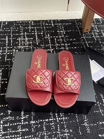 CHANEL | Red CC logo Turnlock Mules Slides Sandals