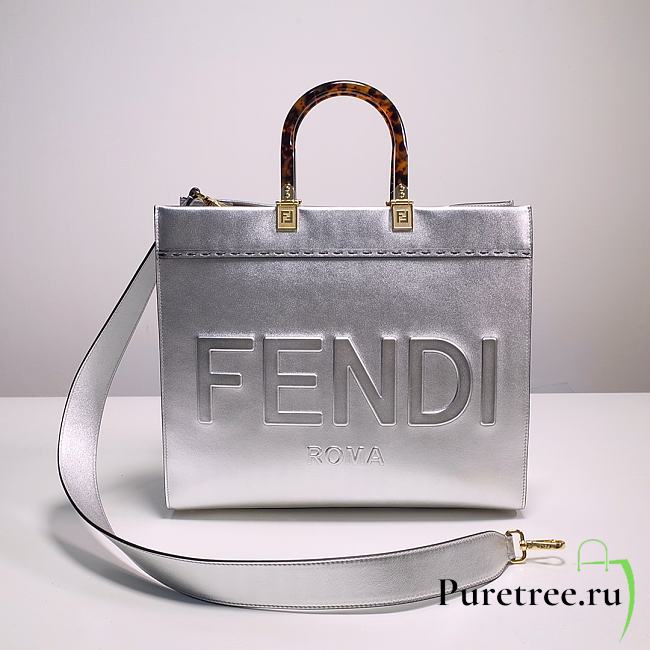 FENDI Vitello Catalan Mirror Plexiglass Logo Embossed Medium In Silver - 1