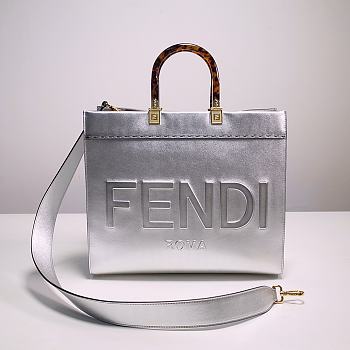 FENDI Vitello Catalan Mirror Plexiglass Logo Embossed Medium In Silver