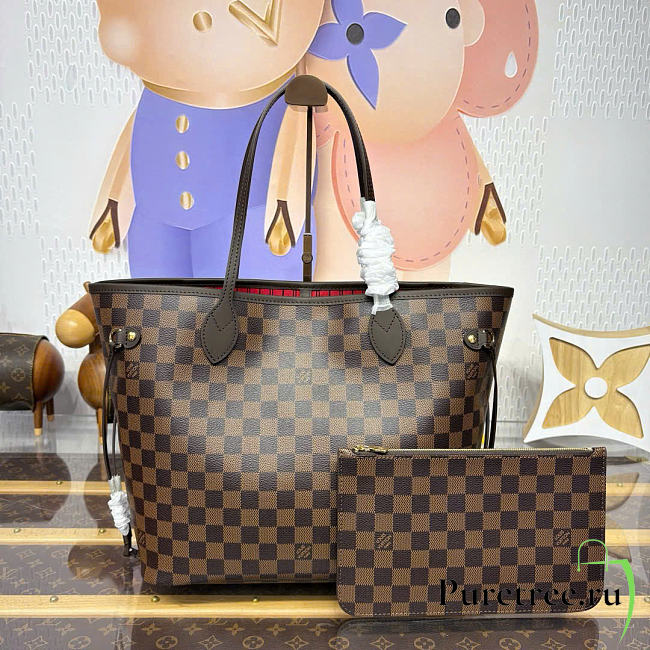LOUIS VUITTON | Neverfull MM Bag Damier Ebene Canvas Cerise Red - 1