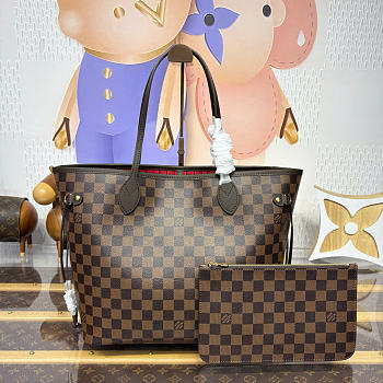 LOUIS VUITTON | Neverfull MM Bag Damier Ebene Canvas Cerise Red
