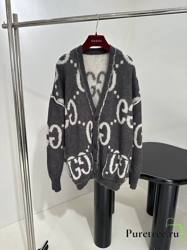 GUCCI | Reversible GG Mohair Wool Cardigan In Dark grey & off-white - 1