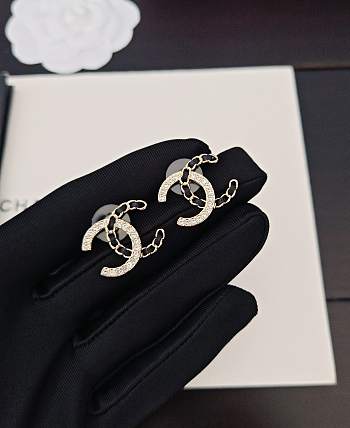 Chanel black leather diamond cc earrings 01