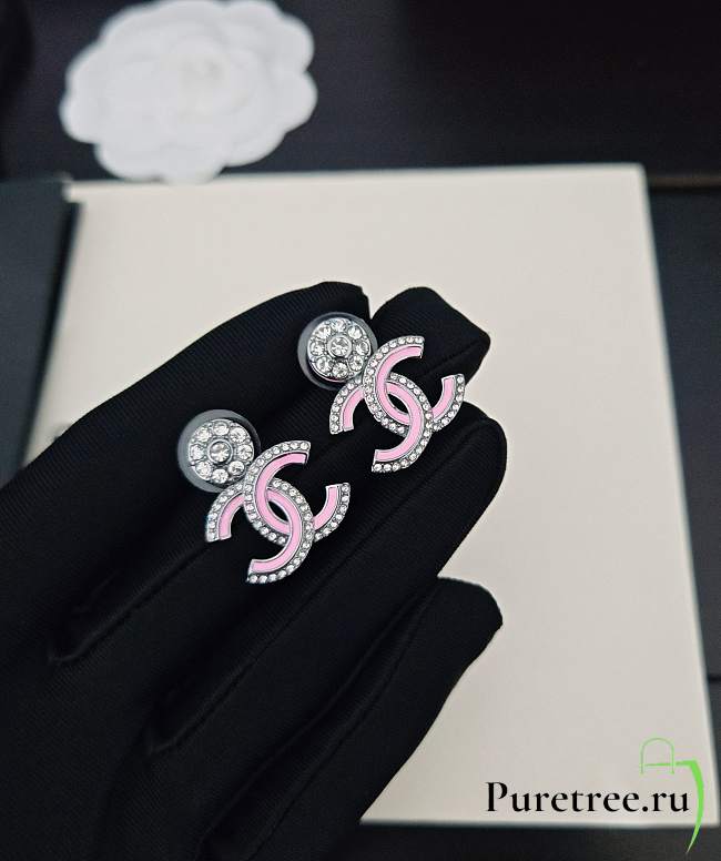 Chanel gun black and white diamond pink cc earrings - 1
