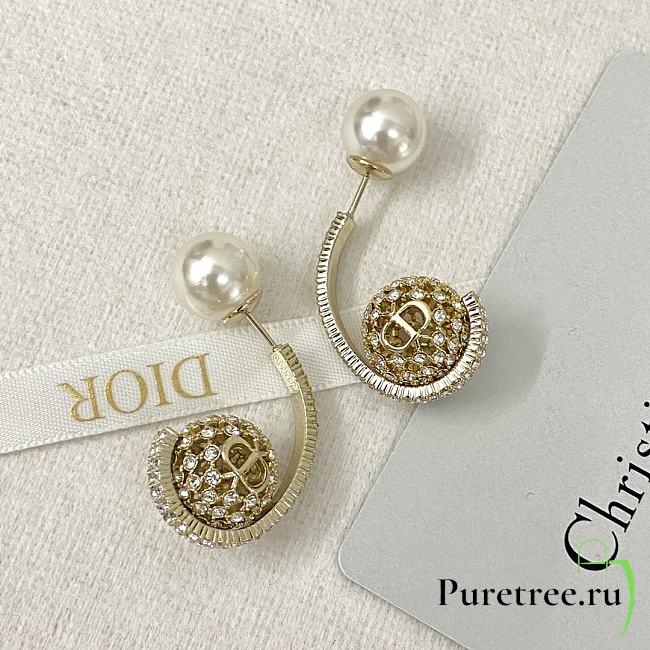 Dior Pearl Hollow Rhinestone Flower Ball Earrings - 1