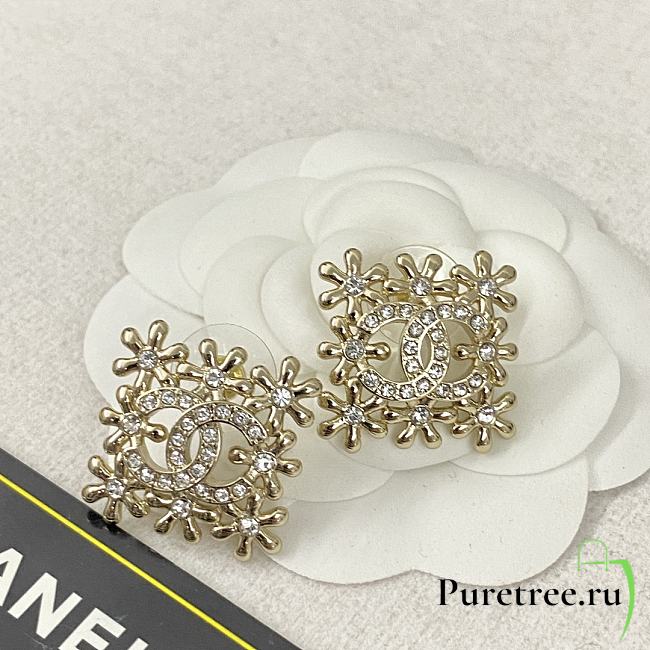 Chanel Gold Flower Hollow Double C Square Stud Earrings - 1