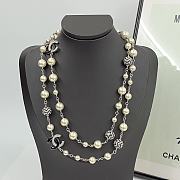 Chanel Black and White Rhinestone Double C Pearl Sweater Necklace - 1