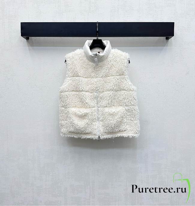 Moncler Teddy Plush Zipper Down Vest In White - 1