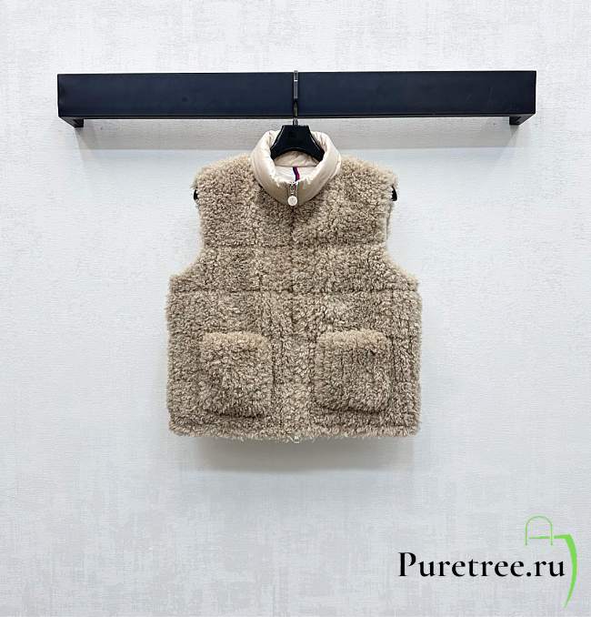 Moncler Teddy Plush Zipper Down Vest In Beige - 1