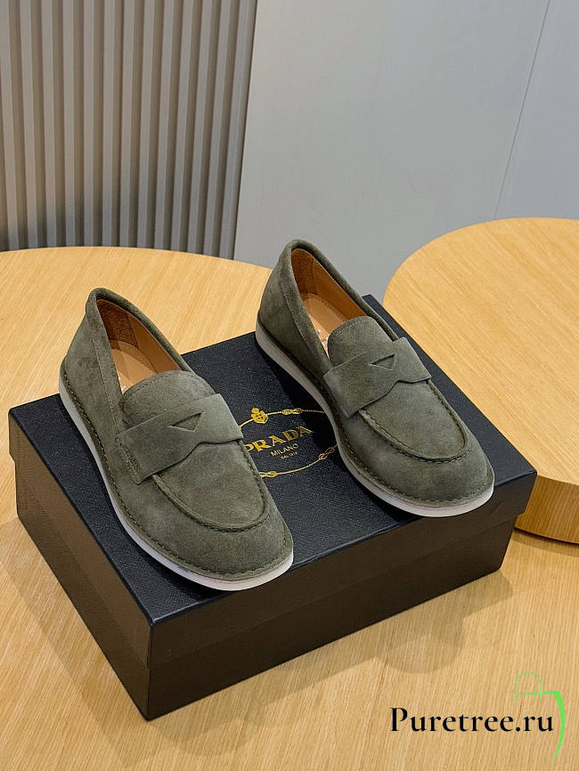 Prada 2025 bleached suede loafers in green - 1