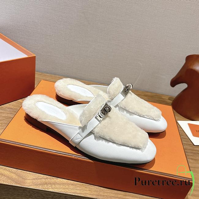 HERMES | H-House Wool Mules with Classic Kelly Buckle White - 1