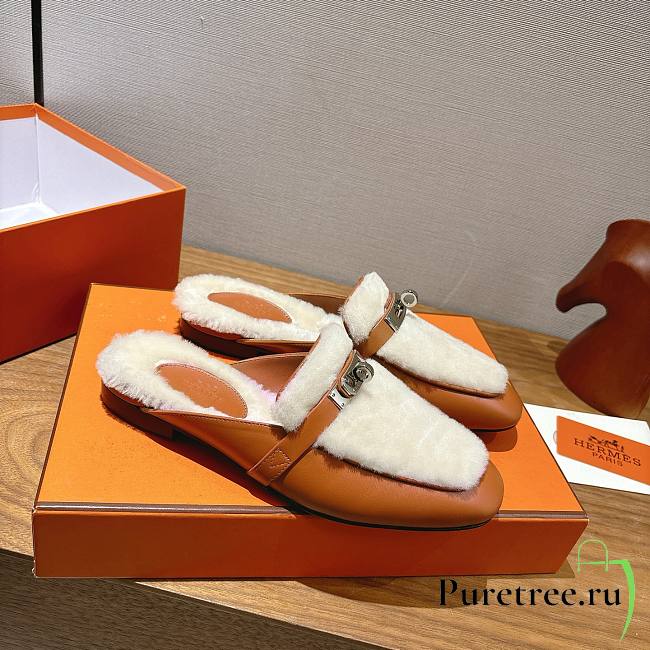 HERMES | H-House Wool Mules with Classic Kelly Buckle Brown  - 1