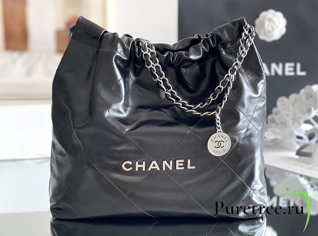 CHANEL | 22 Handbag Shiny Calfskin & Silver-Tone Metal Black AS3261 - 1