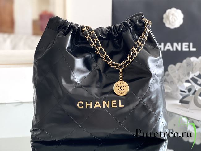 CHANEL | 22 Handbag Shiny Calfskin & Gold-Tone Metal Black AS3261 - 1