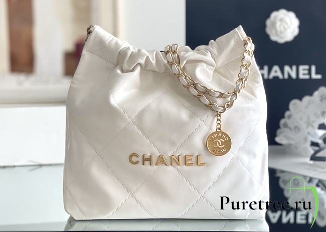 CHANEL | 22 small bag Glossy Calfskin & Gold Metal White AS3260 - 1
