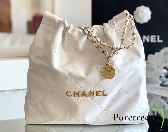 CHANEL | 22 Handbag Shiny Calfskin & Gold-Tone Metal White AS3261 - 1