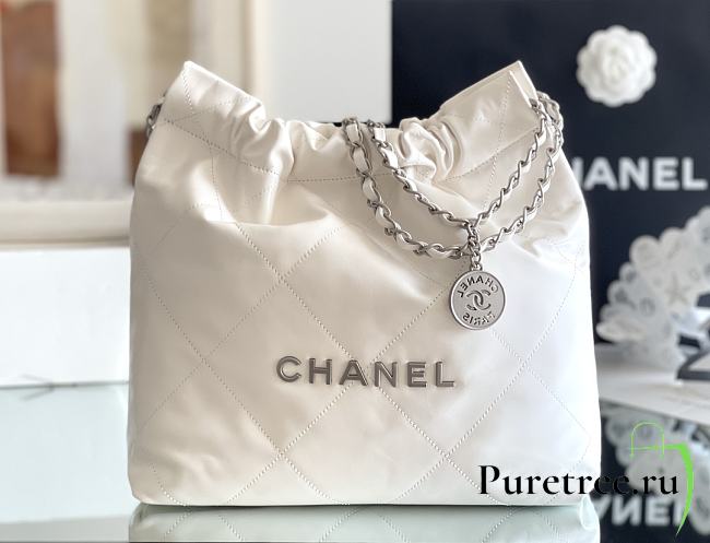 CHANEL | 22 small bag Glossy Calfskin & Silver Metal White AS3260 - 1