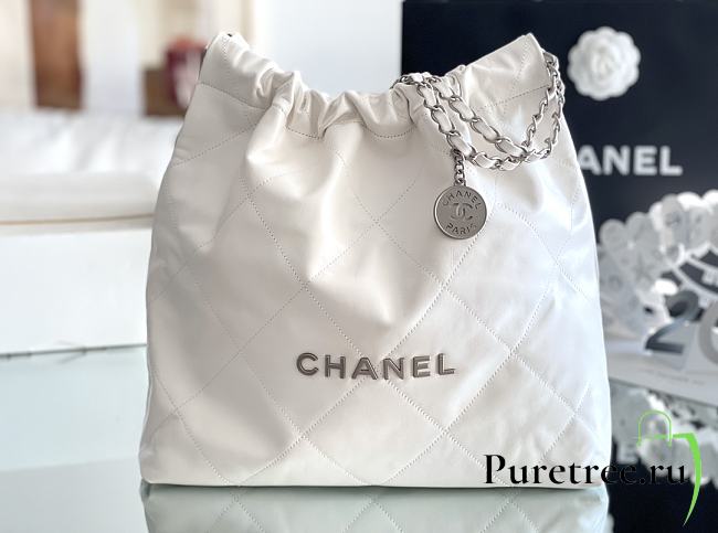 CHANEL | 22 Handbag Shiny Calfskin & Silver-Tone Metal White AS3261 - 1