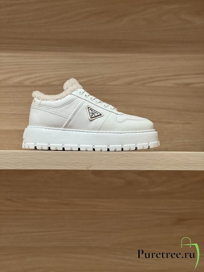 PRADA | triangular buckle lace-up casual shoes white wool - 1