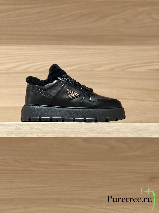 PRADA | triangular buckle lace-up casual shoes black wool - 1