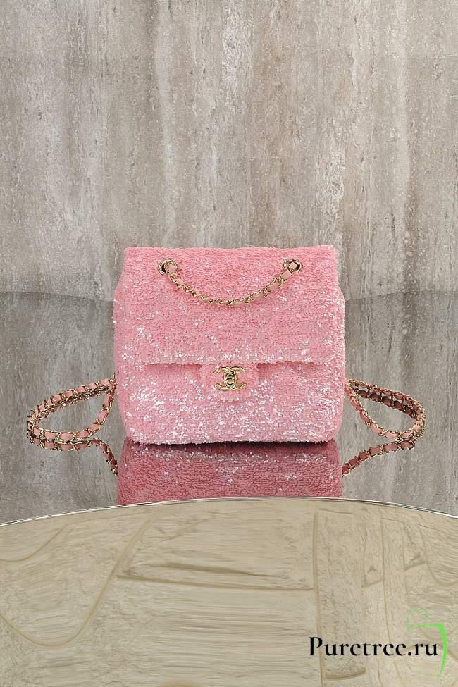 CHANEL | Quilted Sequins & Gold-Tone Metal Pink Backpack - 1