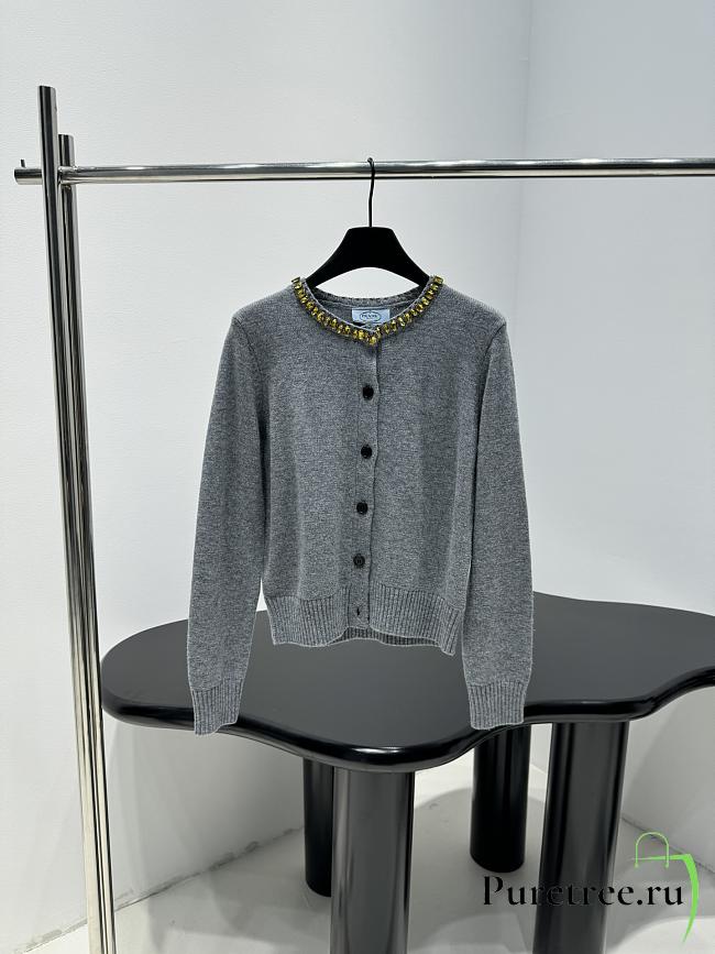 PRADA | Wool Rhinestone Crew Neck Cardigan Gray - 1